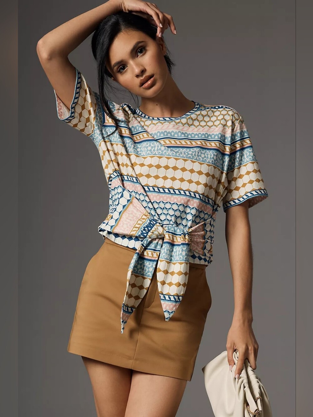 Anthropologie Le Superbe TieWaist Shirt Moroccan Tile Geometric Sz M Maximalist